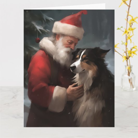 Grens Collie Met Sinterklaas Feestelijke Kerstmis Kaart (Gele Bloem)
