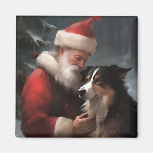 Grens Collie Met Sinterklaas Feestelijke Kerstmis Magneet (Voorkant)