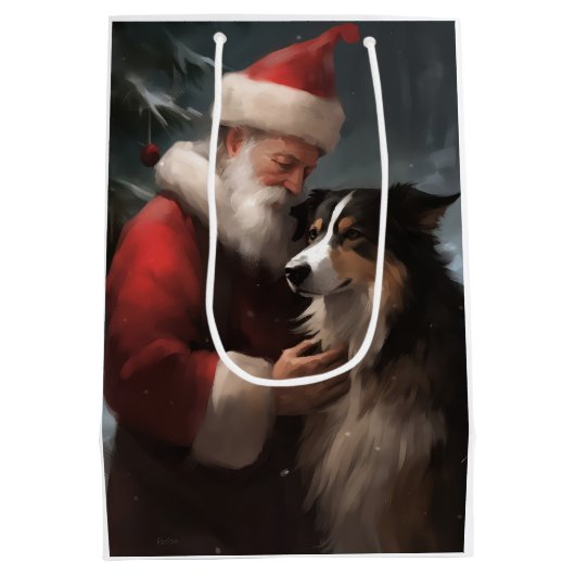 Grens Collie Met Sinterklaas Feestelijke Kerstmis Medium Cadeauzakje (Achterkant)