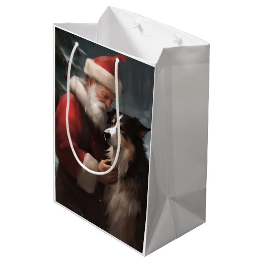 Grens Collie Met Sinterklaas Feestelijke Kerstmis Medium Cadeauzakje (Achterkant Gekanteld)