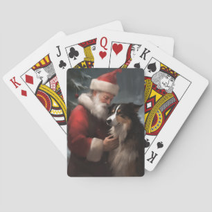 Grens Collie Met Sinterklaas Feestelijke Kerstmis Pokerkaarten