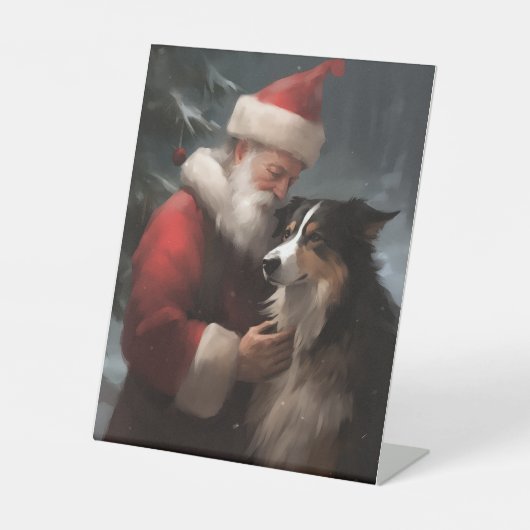 Grens Collie Met Sinterklaas Feestelijke Kerstmis Reclamebord Met Voetstuk (Voorkant)