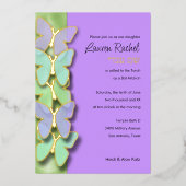 Grens groene en Paarse vlinder Bat Mitzvah Folie Uitnodiging (Voorkant)