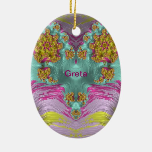 GRETA ~ EASTER EGG ~ Pink Yellow Aqua Fractal ~ Keramisch Ornament (Achterkant)
