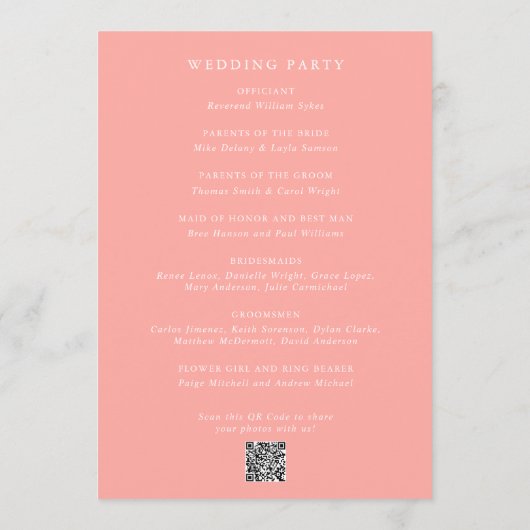 Gretchen Koraal Roze Elegante Huwelijk Programmakaart (Achterkant)