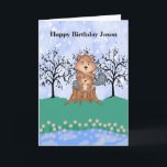 Gretige Bever Verjaardag voor zoon Kaart<br><div class="desc">Verjaardagskaart voor je zoon, wanneer je ver van huis bent, of eigenlijk in een andere stad woont. Het ontwerp is een schattige bever die zijn zoon vasthoudt, zittend op een boomstam. de kaart heeft ook bomen, bloemen en een vijver, alles geïllustreerd of handgetekend. De woorden op de kaart kunnen allemaal...</div>
