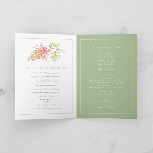 Grevillea aquarel bloem groen wit bruiloft programma (Binnen)
