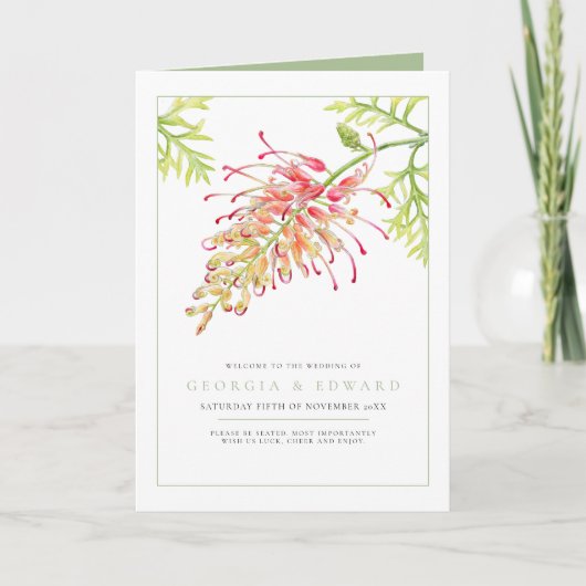 Grevillea aquarel bloem groen wit bruiloft programma (Voorkant)