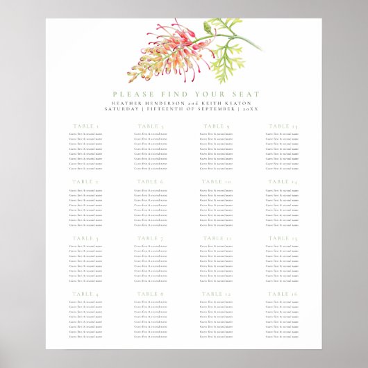 Grevillea bloem groen bruiloft 16 tafels plan poster (Voorkant)