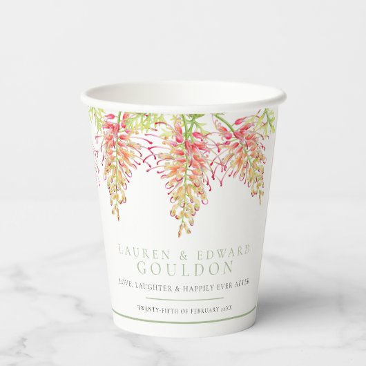 Grevillea bloemen waterverf groen wit papieren bekers (Achterkant)