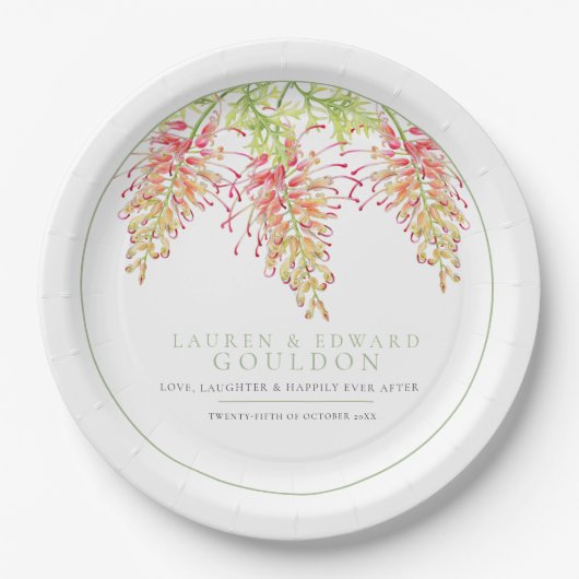 Grevillea bloemen waterverf groen wit papieren bordje (Voorkant)