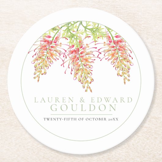 Grevillea bloemen waterverf groen wit ronde kartonnen onderzetter (Voorkant)