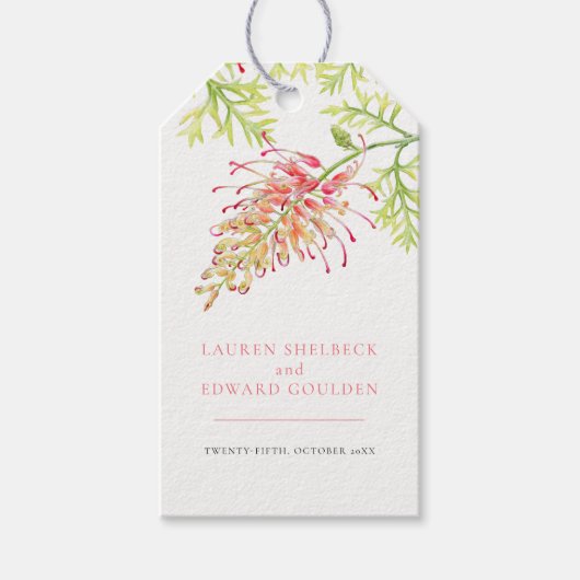 Grevillea waterverf floral bruiloft koraal wit cadeaulabel (Voorkant)