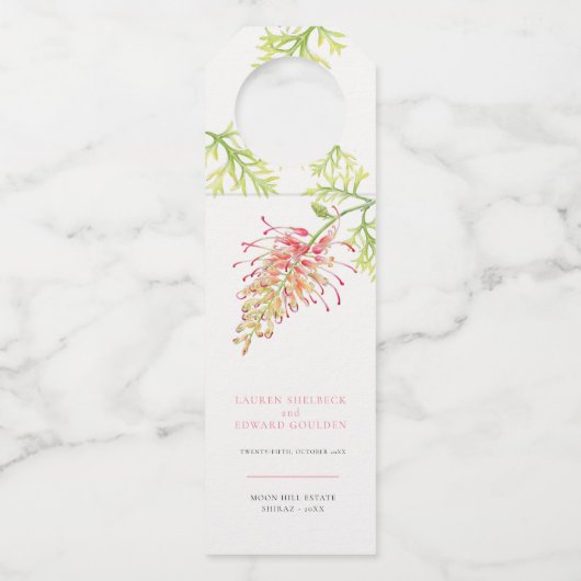 Grevillea waterverf floral bruiloft koraal wit flessenhanger (Voorkant)