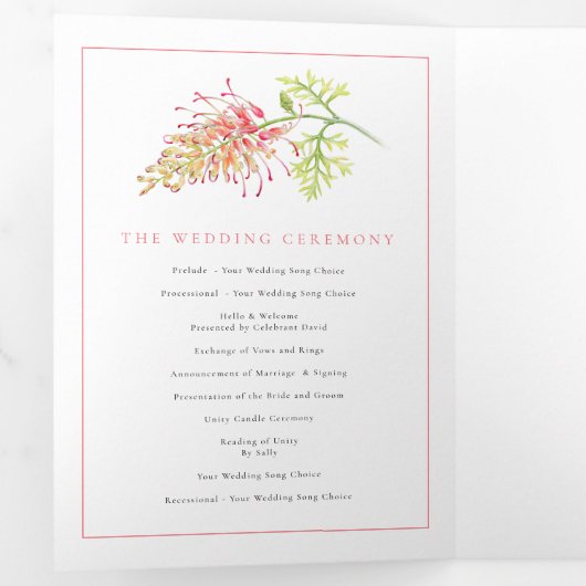 Grevillea waterverf florale koraalwitte bruiloft drieluik programma (Binnenzijde eerst)