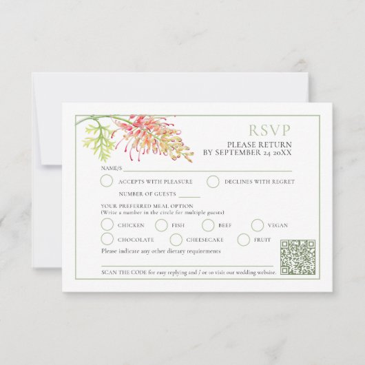 Grevillea waterverf groen wit koraal bruiloft QR RSVP Kaartje (Voorkant)