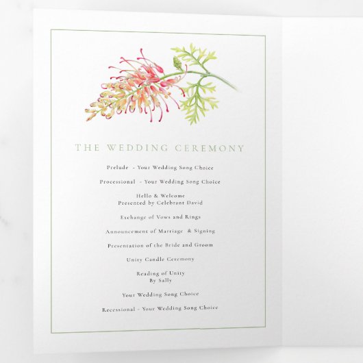 Grevillea waterverf groene witte bruiloft drieluik programma (Binnenzijde eerst)