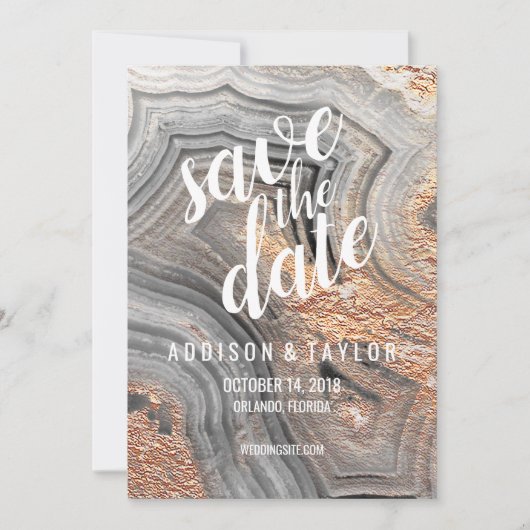 Grey agate geode crystal save the date roos gold (Voorkant)