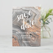 Grey agate geode crystal save the date roos gold (Staand voorkant)