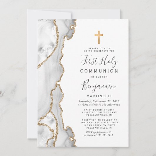 Grey Agate Gold Glitter First Heilige Communie Kaart (Voorkant)
