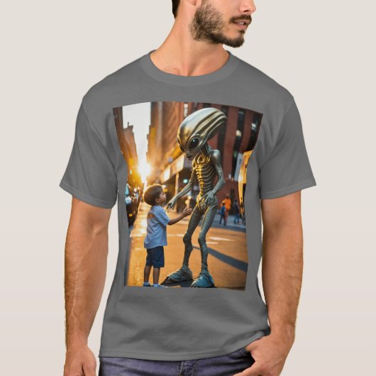 Grey Alien en de jongen op Golden Hour T-shirt (Voorkant)