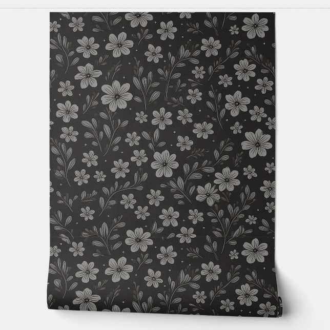 Grey and black floral pattern behang (Afrollen)