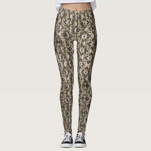 Grey and Black Patterned Flowers Leggings (Voorkant)
