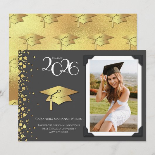 Grey and Gold Graduation Announcement Kaart (Voorkant / Achterkant)