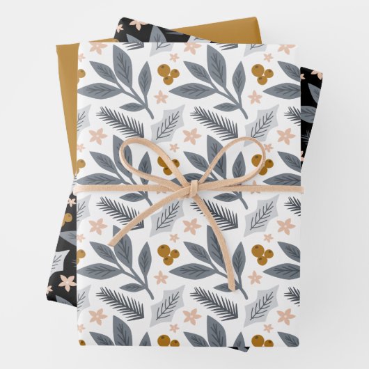 Grey and Gold Winter Florals Holiday Inpakpapier Vel (In situ)