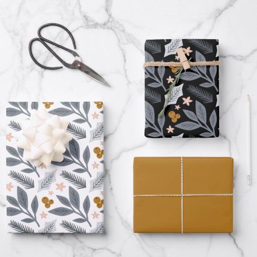 Grey and Gold Winter Florals Holiday Inpakpapier Vel (Voorkant)
