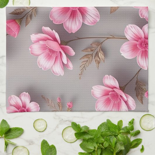 Grey and Pink Floral  Theedoek (Gevouwen)