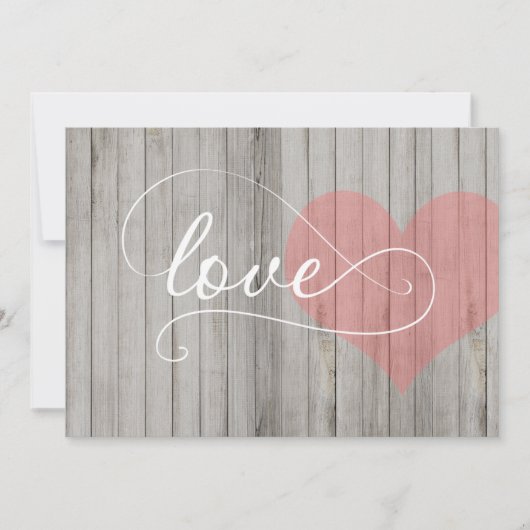 Grey and Pink Rustic Wood Heart Wedding Invite Kaart (Voorkant)