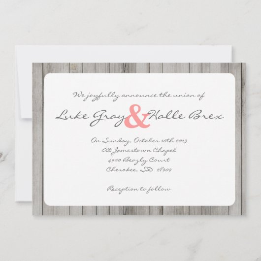 Grey and Pink Rustic Wood Heart Wedding Invite Kaart (Achterkant)