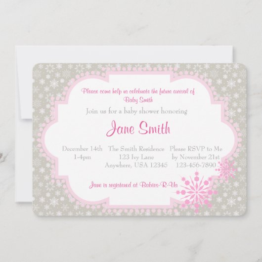 Grey and Pink Snowflake Baby shower Uitnodiging (Voorkant)