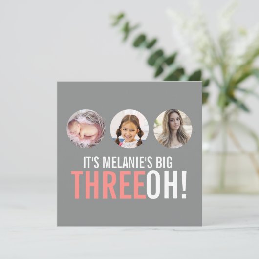Grey and roze 30th THREEOH! Fotoverjaardagsuitnodi Kaart (Staand voorkant)
