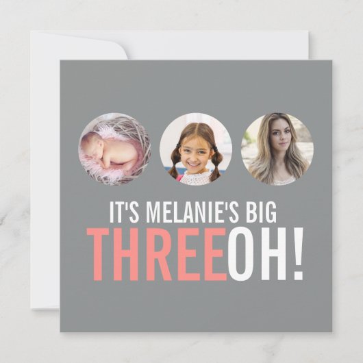 Grey and roze 30th THREEOH! Fotoverjaardagsuitnodi Kaart (Voorkant)