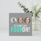 Grey and roze 40th FOUROH! Fotoverjaardagsuitnodig Kaart (Staand voorkant)