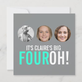 Grey and roze 40th FOUROH! Fotoverjaardagsuitnodig Kaart