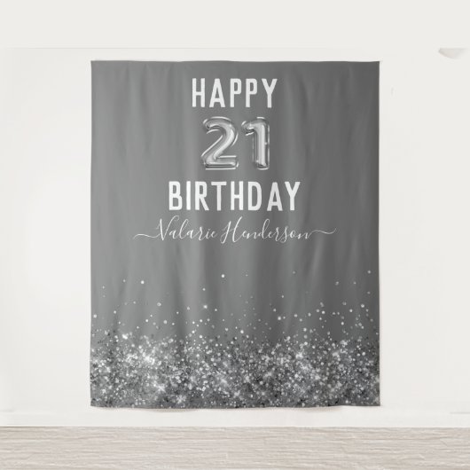 Grey and Silver Happy 21st Birthday Tapestry Wandkleed (Voorkant)