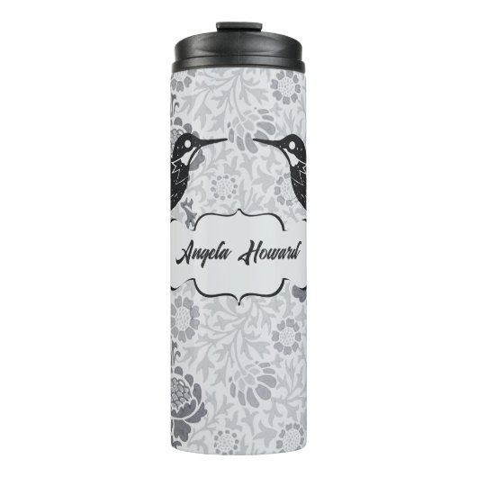 Grey Art Nouveau Bloemen Meisje Grunge Kolibrie Thermosbeker (Voorkant)