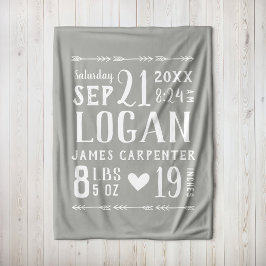 Grey Baby Boy Geboortestatistieken Keepsake Fleece Deken