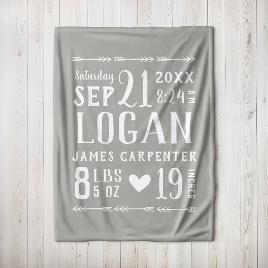 Grey Baby Boy Geboortestatistieken Keepsake Fleece Deken