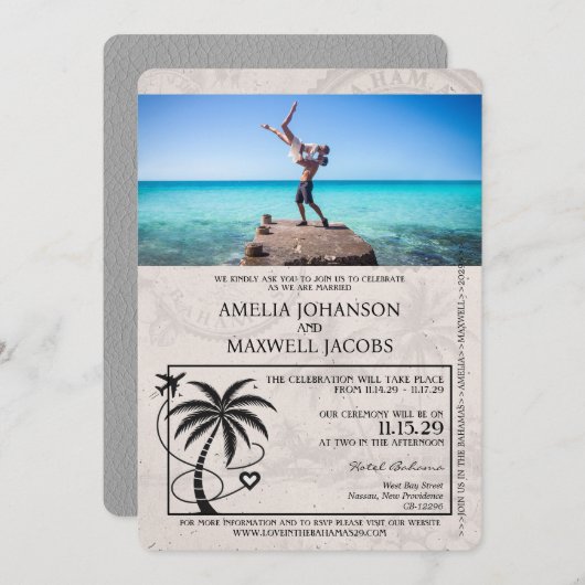 Grey Bahamas Passport bruiloft uitnodiging (Voorkant / Achterkant)