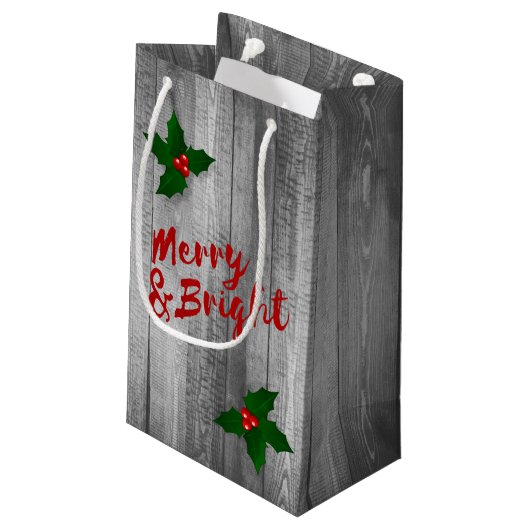 Grey Barn Wood Planks Merry & Bright Kerstmis Klein Cadeauzakje (Achterkant Gekanteld)