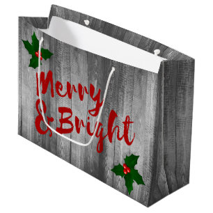 Grey Barn Wood Planks Merry & Bright Kerstmis Large Cadeautasje