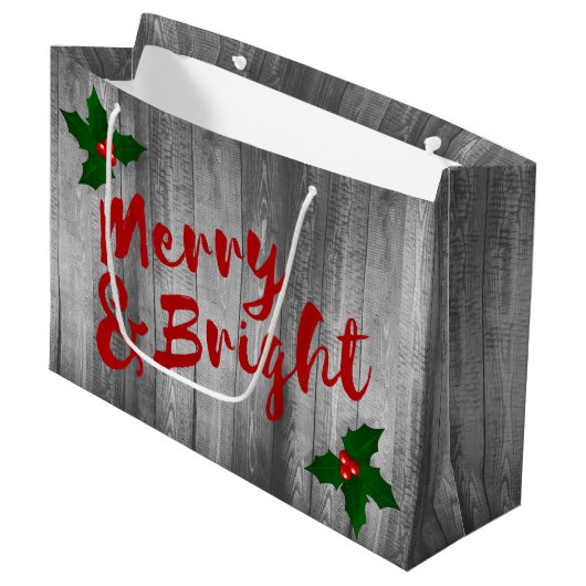 Grey Barn Wood Planks Merry & Bright Kerstmis Large Cadeautasje (Voorkant Gekanteld)