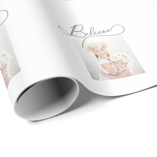 Grey Believe Script met kerstfoto Cadeaupapier (Rol Hoek)