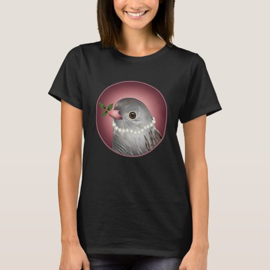 Grey bird with pearl necklace and branch in beak t-shirt (Voorkant)