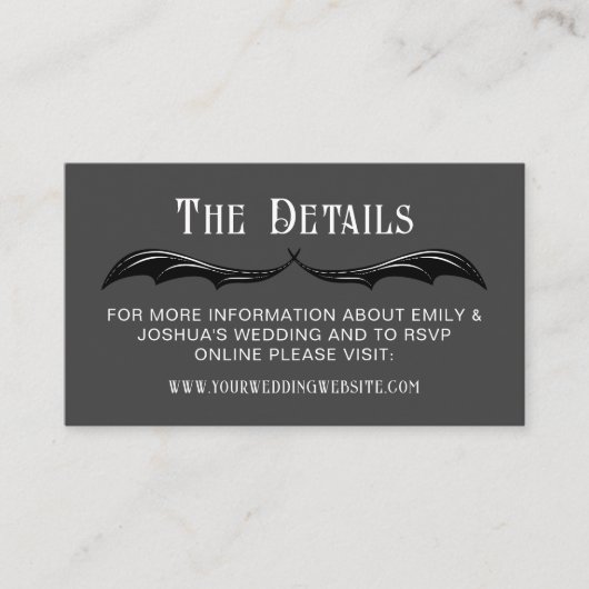 Grey Black Dragon Wings Fantasy Wedding Details Informatiekaartje (Voorkant)