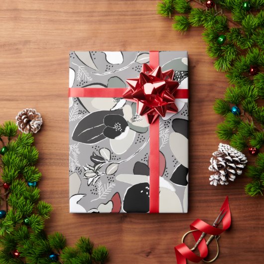 Grey Black Floral Winter Magnolia Cadeaupapier (Feestdagen Geschenken)